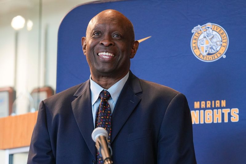 Steve Downing, Marian University director of athletics, introduces new men’s basketball head coach Pat Knight during a press conference, Friday, May 10, 2024, in the Peyton Manning Children’s Hospital Hall of Champions at Marian University in Indianapolis.