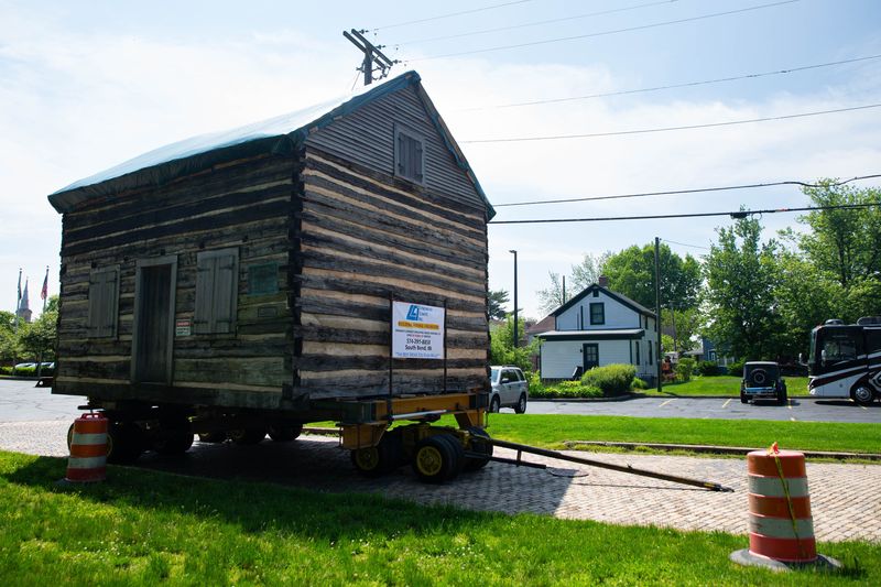 The Navarre Cabin arrives at The History Museum in South Bend during its relocation from Leeper Park East on Wednesday, May 15, 2024.