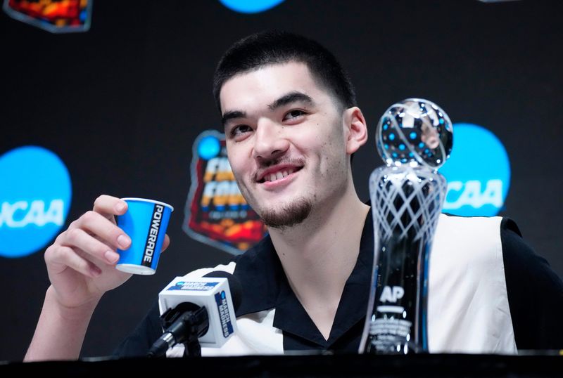 Apr 5, 2024; Glendale, AZ, USA; Purdue Boilermakers center Zach Edey (15) during the AP player of the year press conference before the 2024 Final Four of the NCAA Tournament at State Farm Stadium. Mandatory Credit: Patrick Breen/Arizona Republic-USA TODAY Sports