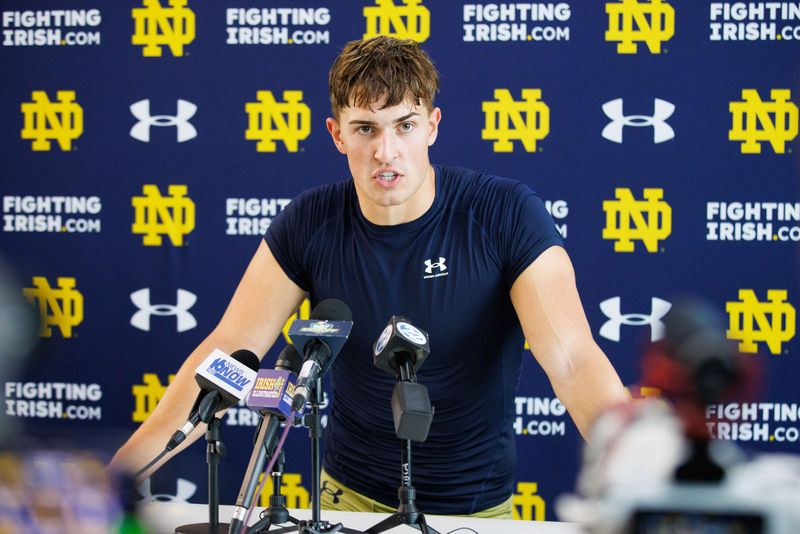 Notre Dame tight end Eli Raridon addresses media after a Notre Dame football practice at Irish Athletic Center on Thursday, Aug. 1, 2024, in South Bend.