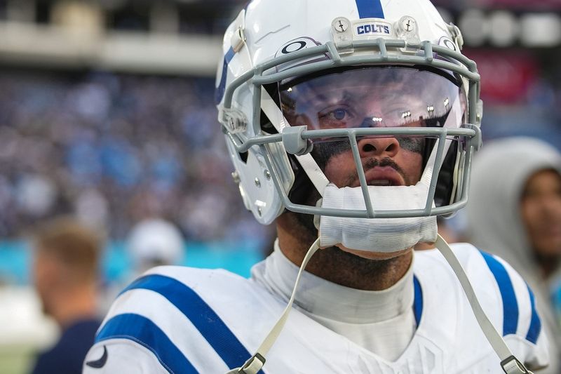 Indianapolis Colts wide receiver Michael Pittman Jr. (11) after running in the game-winning touchdown in overtime against the Tennessee Titans on Sunday, Dec. 3, 2023, at Nissan Stadium in Nashville, Tenn. The final score was 31-28.