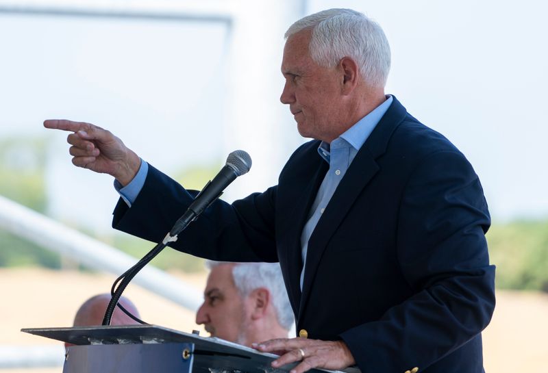 Former Indiana Governor and Vice President Mike Pence thanks various members of INDOT, his staff and others Tuesday, Aug. 6, 2024, that made the completion of the I-69 interchange project happen while speaking at a ceremony marking the completion of the I-69 interchange project on the south side of Indianapolis.