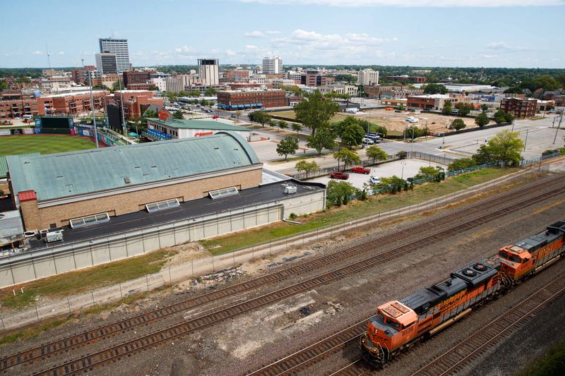 A freight train passes by Union Station on Monday, Aug. 12, 2024, in South Bend.