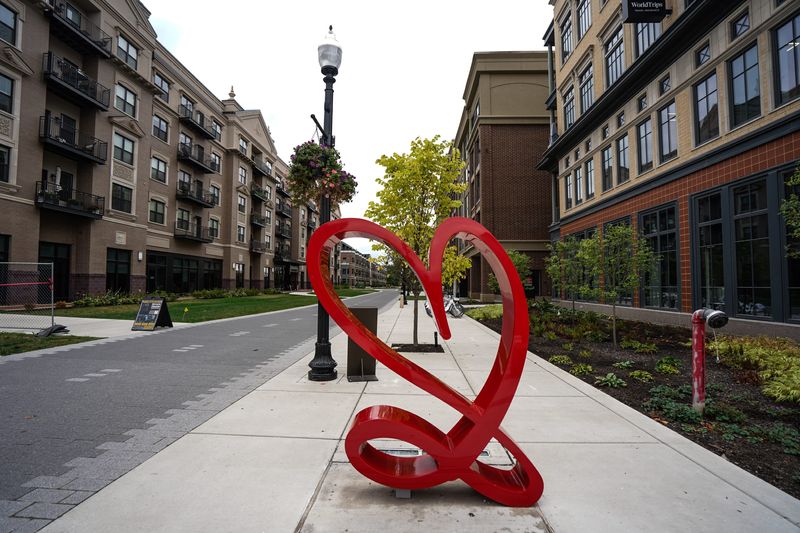 A heart sculpture sits near the The Industrious Building on Wednesday, Sept. 25, 2024 in Carmel Ind.