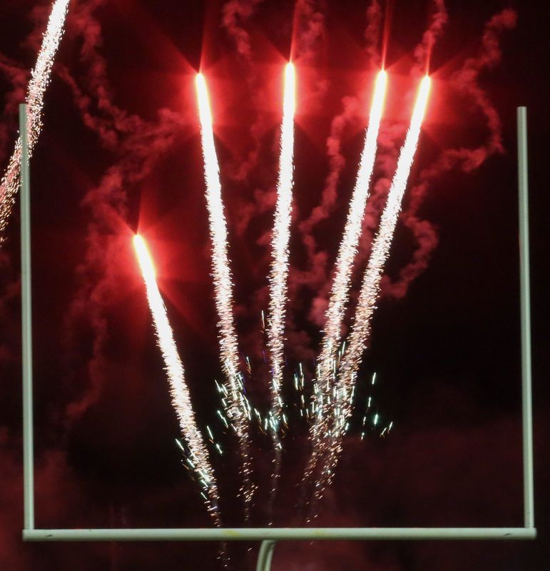 Fireworks are set off Friday, Oct. 11, 2024, after the IHSAA football game between Lafayette Jeff and Harrison at Lafayette Jeff High School in Lafayette, Ind. Lafayette Jeff won 45-21.