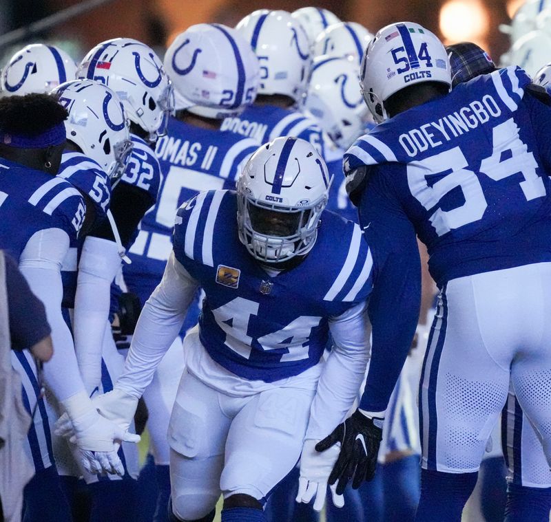 Indianapolis Colts linebacker Zaire Franklin (44) high fives his teammates as he takes the field Sunday, Oct. 20, 2024, during a game against the Miami Dolphins at Lucas Oil Stadium in Indianapolis.