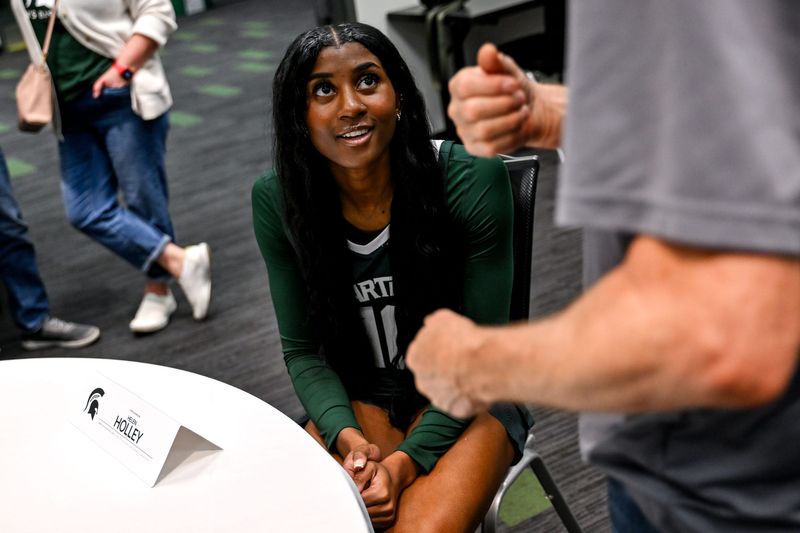 Michigan State's Helen Holley talks to reporters during women's basketball media day on Tuesday, Oct. 22, 2024, at the Breslin Center in East Lansing.