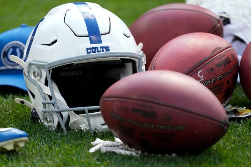 Sep 15, 2024; Green Bay, Wisconsin, USA; General view of an Indianapolis Colts helmet during the game against the Green Bay Packers at Lambeau Field. Mandatory Credit: Jeff Hanisch-Imagn Images