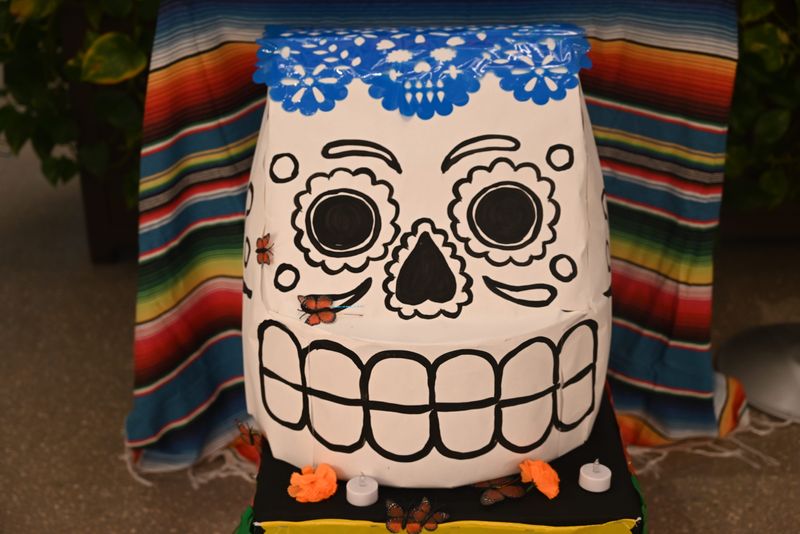A skull, a significant symbol of Día de los Muertos, is displayed Oct. 29, 2024, before the ofrenda at the St. Joseph County Public Library in downtown South Bend.