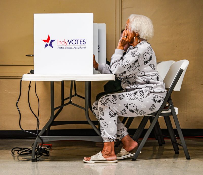 Carol Harris votes at Crooked Creek Baptist Church on Election Day Tuesday, Nov. 5, 2024, in Indianapolis.