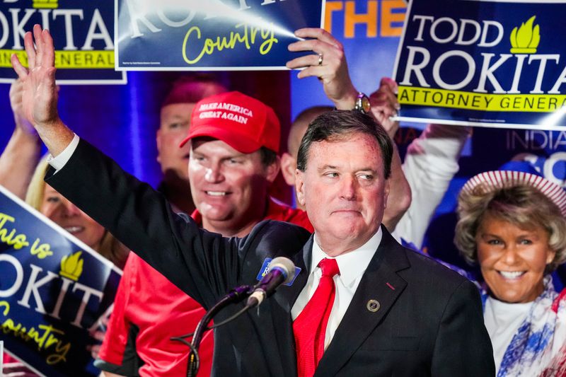 Indiana Attorney General Todd Rokita waves to attendees Tuesday, Nov. 5, 2024, as Indiana Republicans hold a watch party at the JW Marriott to see the results of the general election.