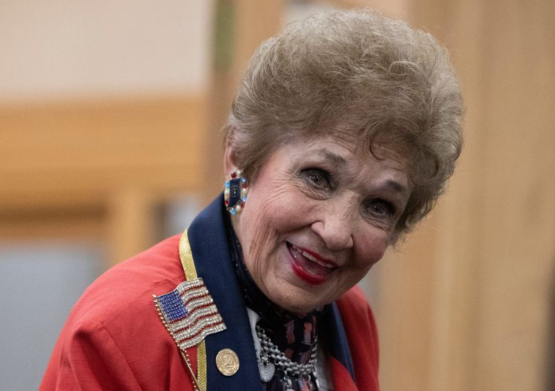 Rep. Sheila Klinker talks to other attendees Tuesday, Nov. 5, 2024, at the Tippecanoe County Office Building in Lafayette, Ind.