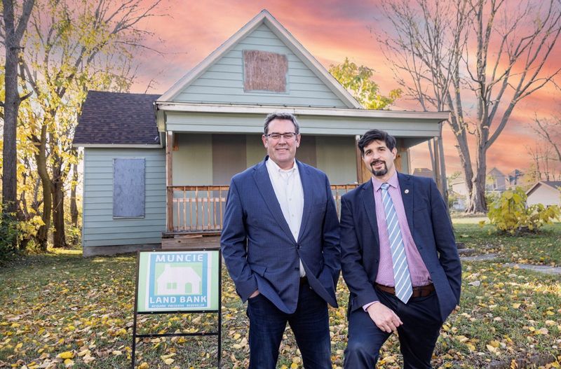 Jud Fisher (left), president & CEO of Ball Brothers Foundation, and John West (right), founding board chair of Muncie Land Bank, winner of the 2024 John W. and Janice B. Fisher Governance Award.