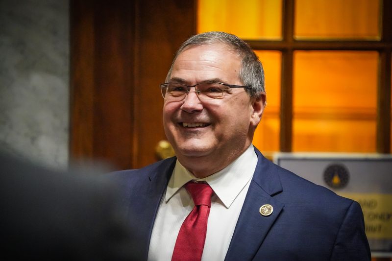 State Senator Dan Dernulc and fellow lawmakers gather in the Indiana Statehouse on Org Day, or organization day, ahead of the upcoming legislative session on Tuesday, Nov. 19, 2024, in Indianapolis.