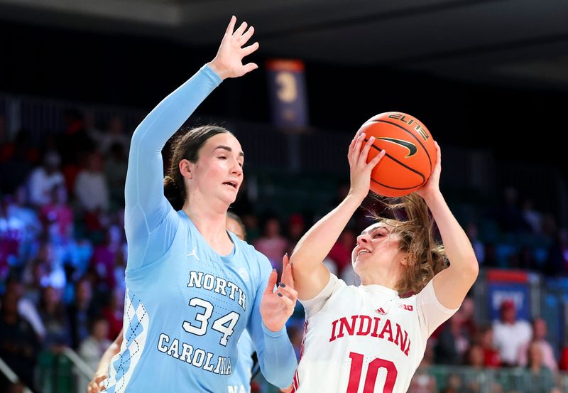 Nov 25, 2024; Paradise Island, Bahamas, BHS; Indiana Hoosiers guard Shay Ciezki (10) looks to score as North Carolina Tar Heels center Blanca Thomas (34) defends during the first half at the Atlantis Resort. Mandatory Credit: Kevin Jairaj-Imagn Images