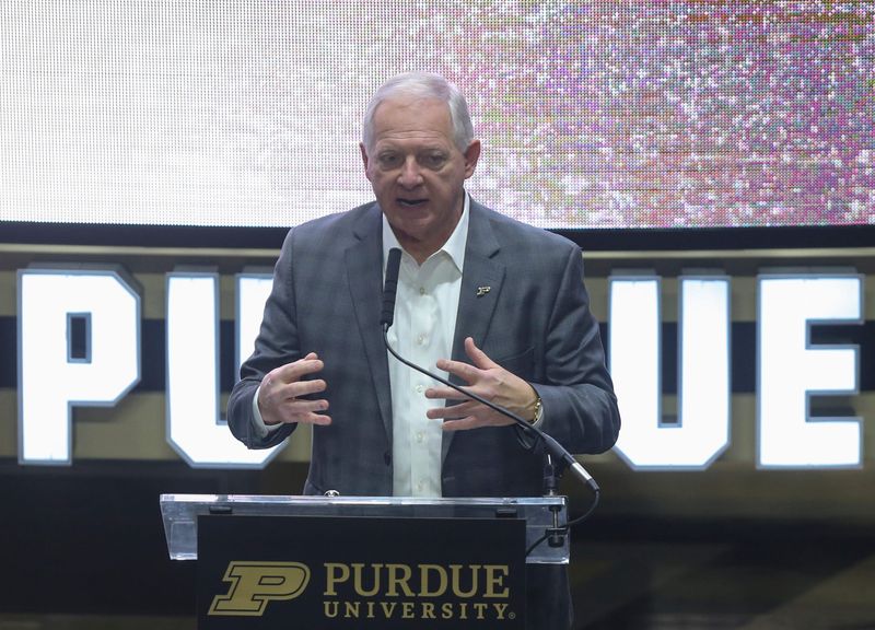 Purdue athletic director Mike Bobinski speaks Tuesday, Dec. 10, 2024, during the welcoming of Purdue football head coach Barry Odom at Mackey Arena in West Lafayette, Ind.