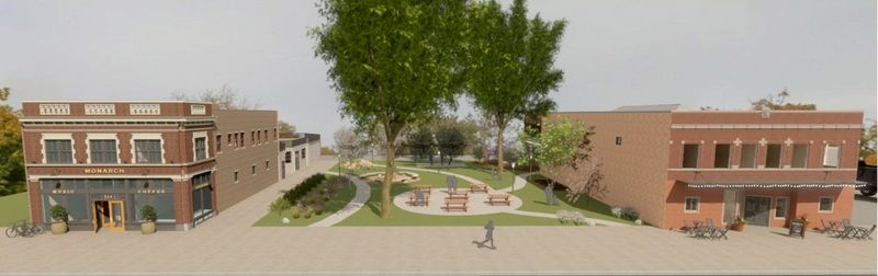 This is an artist's rendering of the project to fix up the former Monarch Printing building, left, and nearby Hope Ministries building with a green space in between to serve the community with a community kitchen, a whole foods market, residential and hotel space, and other vendors and businesses