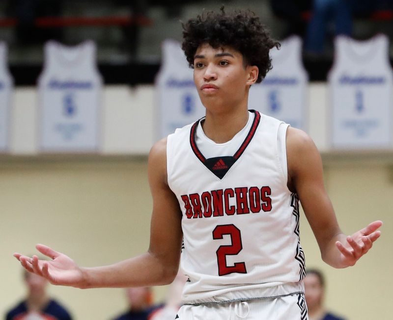 Lafayette Jeff Bronchos Alonzo Clawson-Smith (2) reacts after scoring Friday, Dec. 13, 2024, during the IHSAA boys basketball game against the Harrison Raiders at Lafayette Jeff High School in Lafayette, Ind. Lafayette Jeff won 48-42.