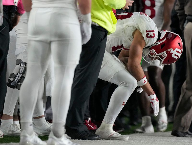 Indiana Hoosiers wide receiver Elijah Sarratt (13) reacts in the last few seconds of a game between the Indiana Hoosiers and the Notre Dame Fighting Irish in first round of the College Football Playoff on Saturday, Dec. 21, 2024, in South Bend. Notre Dame defeated Indiana 27-17.