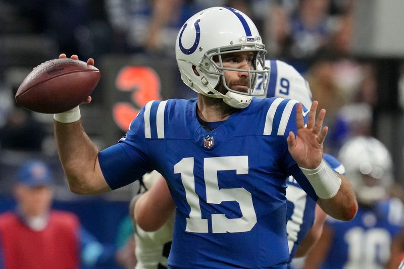 Indianapolis Colts quarterback Joe Flacco (15) draws back to pass Sunday, Jan. 5, 2025, during a game against the Jacksonville Jaguars at Lucas Oil Stadium in Indianapolis.