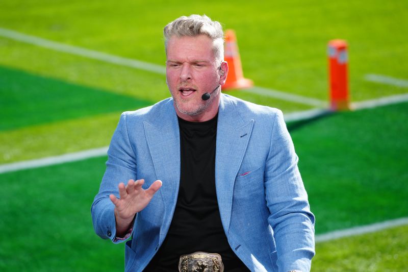 Jan 1, 2025; Pasadena, California, USA; Pat McAfee on the ESPN Gameday set at Rose Bowl Stadium. Mandatory Credit: Kirby Lee-Imagn Images