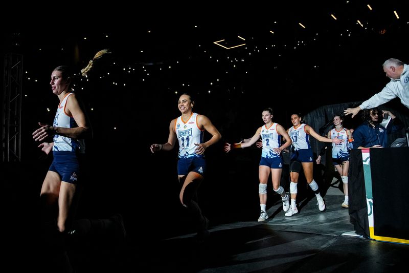 The Indy Ignite enter the arena Saturday, Jan. 11, 2025, during Indy Ignite’s first ever match at the Fishers Event Center. The team faced off against the Orlando Valkyries in a sold-out arena.