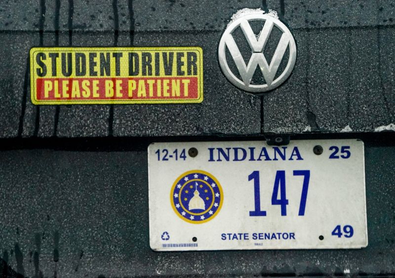 A student driver sign marks an Ind. State Senators car on Tuesday, Jan. 14, 2025, in Indianapolis.