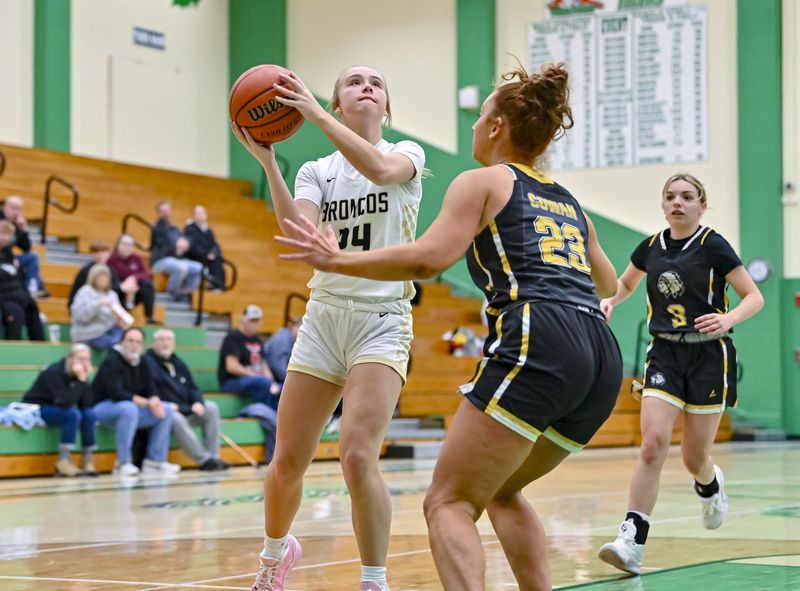 Daleville junior Addisyn Gothrup scored 12 points in Daleville's 55-25 victory over Cowan in the first round of the 2025 Delaware County girls basketball tournament at Yorktown High School on Jan. 14, 2025.