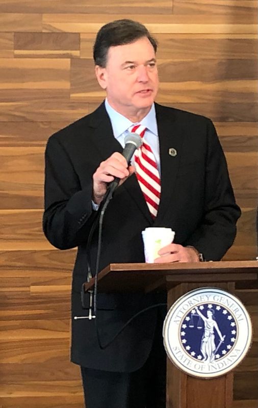 Indiana Attorney General Todd Rokita holds a press conference Friday, Jan. 24, 2025, in the County-City Building in South Bend to announce a lawsuit against county police over immigration enforcement.
