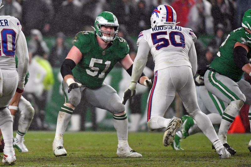 Nov 26, 2023; Philadelphia, Pennsylvania, USA; Philadelphia Eagles center Cam Jurgens (51) prepares to block Buffalo Bills defensive end Greg Rousseau (50) at Lincoln Financial Field. Mandatory Credit: Eric Hartline-USA TODAY Sports
