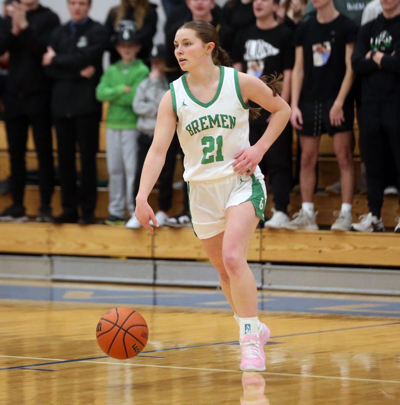 Bremen junior Eliana Grubbs dribbles the ball up the court during the Bi-County Tournament girls basketball championship game against John Glenn Saturday, Jan. 25, 2025, at LaVille High School in Lakeville.