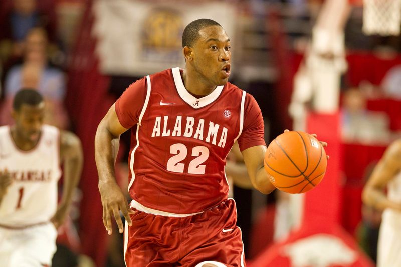 Jan 29, 2012; Fayetteville, AR, USA; Alabama Crimson Tide guard Andrew Steele (22) dribbles the ball during a game against the Arkansas Razorbacks at Bud Walton Arena. Alabama defeated Arkansas 79-68. Mandatory Credit: Beth Hall-USA TODAY Sports
