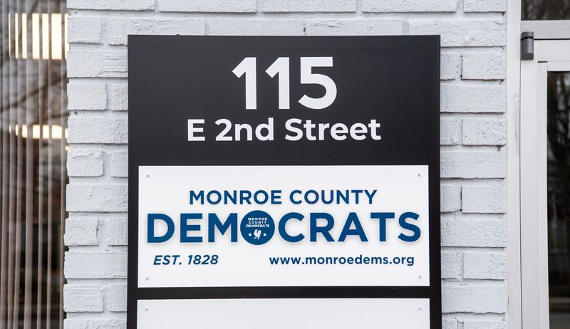 The sign outside the Monroe County Democrats headquarters at 115 E. Second St. on Tuesday, Feb. 11, 2025.