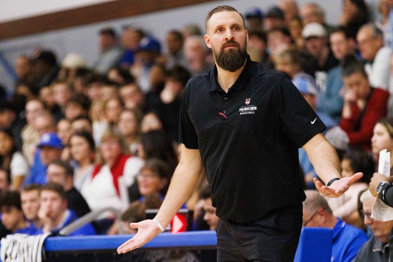 Saint Joseph's head coach Eric Gaff questions an official's call during a boy's high school basketball game between Marian and Saint Joseph at Marian High School on Friday, Feb. 14, 2025, in Mishawaka.