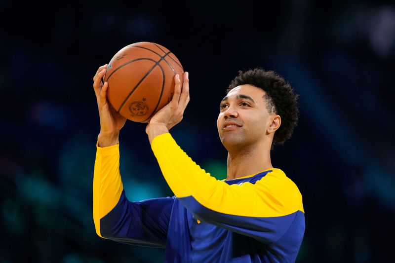 Feb 14, 2025; San Francisco, California, USA; Team C forward Trayce Jackson-Davis (32) of the Golden State Warriors warms up during the 2025 NBA Rising Stars Game at Chase Center. Mandatory Credit: Kyle Terada-Imagn Images