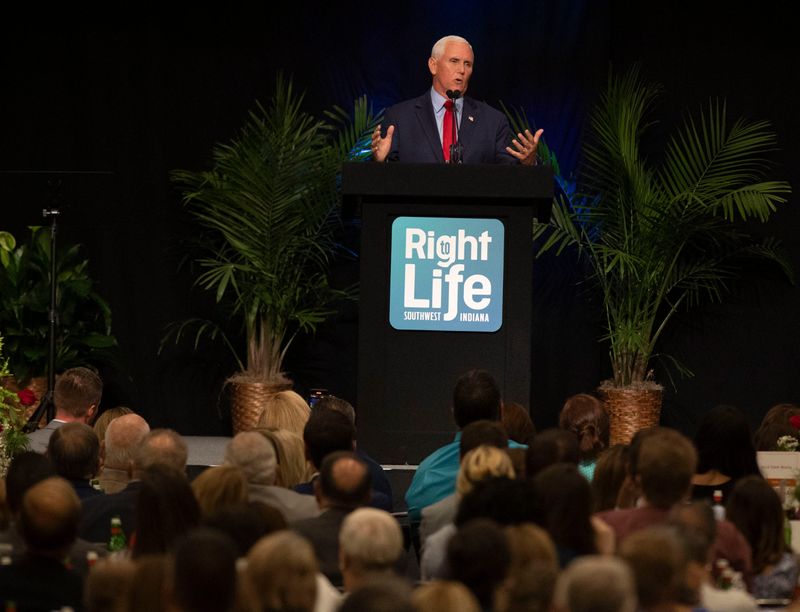 Former Vice President and Indiana Governor Mike Pence speaks at the Right to Life of Southwest Indiana Annual Banquet at the Old National Events Plaza in Downtown Evansville, Ind., Thursday evening, Aug. 25, 2022.