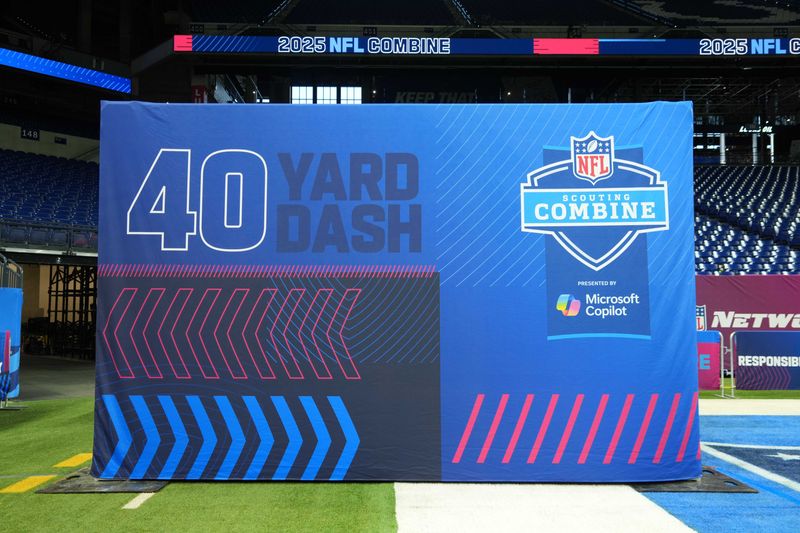 Feb 25, 2025; Indianapolis, IN, USA; The start of the 40-yard dash at the NFL Scouting Combine at Lucas Oil Stadium. Mandatory Credit: Kirby Lee-Imagn Images