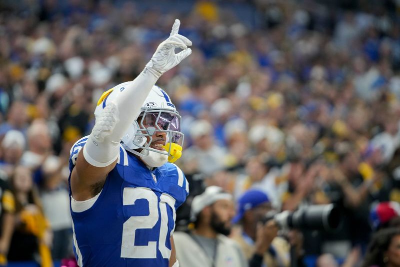 Indianapolis Colts safety Nick Cross (20) reacts after a play Sunday, Sept. 29, 2024, during a game against the Pittsburgh Steelers at Lucas Oil Stadium in Indianapolis.