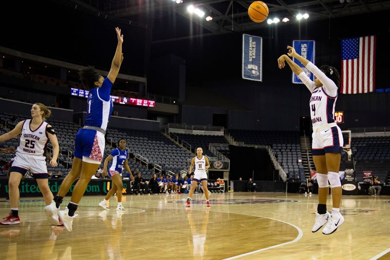 Southern Indiana's Triniti Ralston (4) takes a three-point shot as the University of Southern Indiana Screaming Eagles play the Tennessee State University Tigers during the first round of the 2025 Ohio Valley Conference Basketball Championships at Ford Center in Evansville, Ind., Wednesday, March 5, 2025.