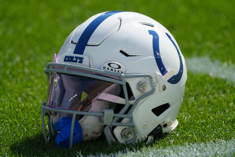Sep 15, 2024; Green Bay, Wisconsin, USA; General view of an Indianapolis Colts helmet during warmups prior to the game against the Green Bay Packers at Lambeau Field. Mandatory Credit: Jeff Hanisch-Imagn Images
