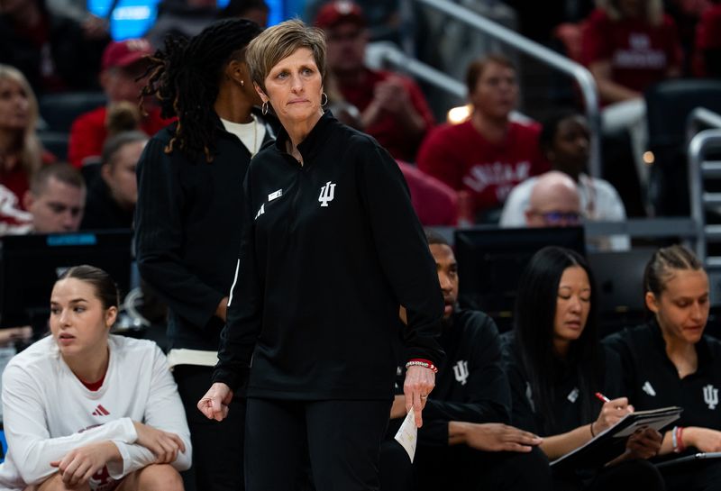 Indiana Hoosiers head coach Teri Moren watches her defense Friday, March 7, 2025, against the USC Trojans during the Big Ten women's tournament at Gainbridge Fieldhouse in Indianapolis.