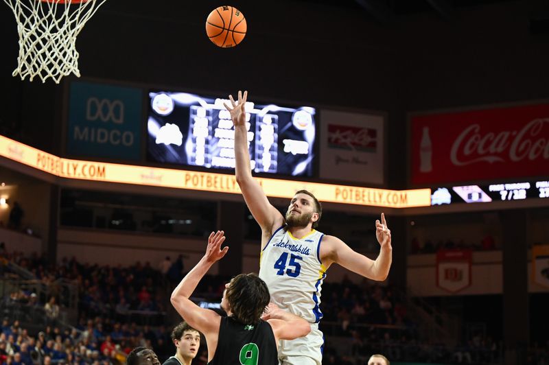 South Dakota State Jackrabbits center Oscar Cluff (45) shoots the ball on Friday, March 7, 2025, at Denny Sanford Premier Center in Sioux Falls, S.D.