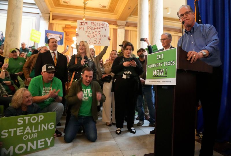 Indiana Gov. Mike Braun speaks during a rally for property tax reform Monday, March 17, 2025, at the Indiana Statehouse.