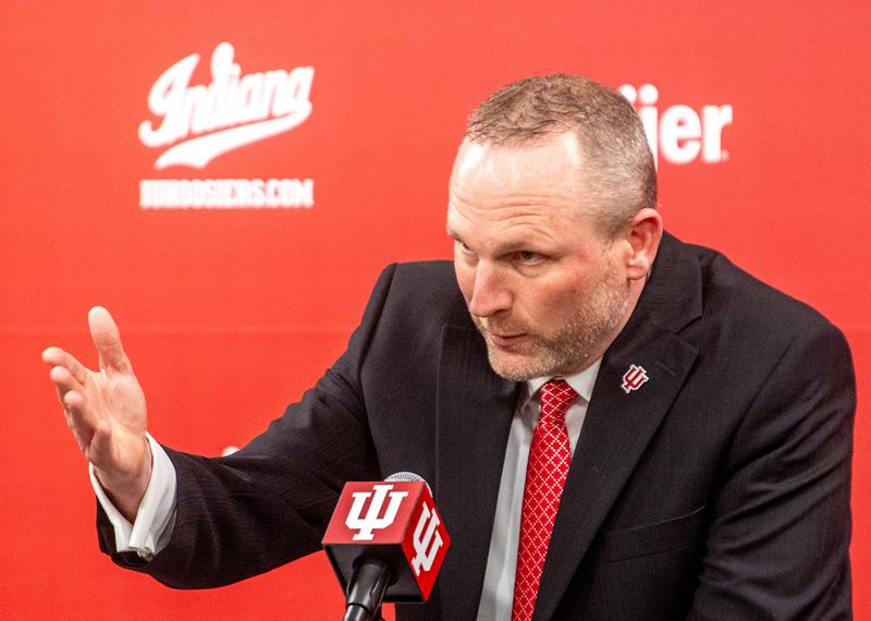 Indiana University men's basketball Head Coach Darian DeVries speaks at the introductory press conference at Simon Skjodt Assembly Hall on Wednesday, March 19, 2025.