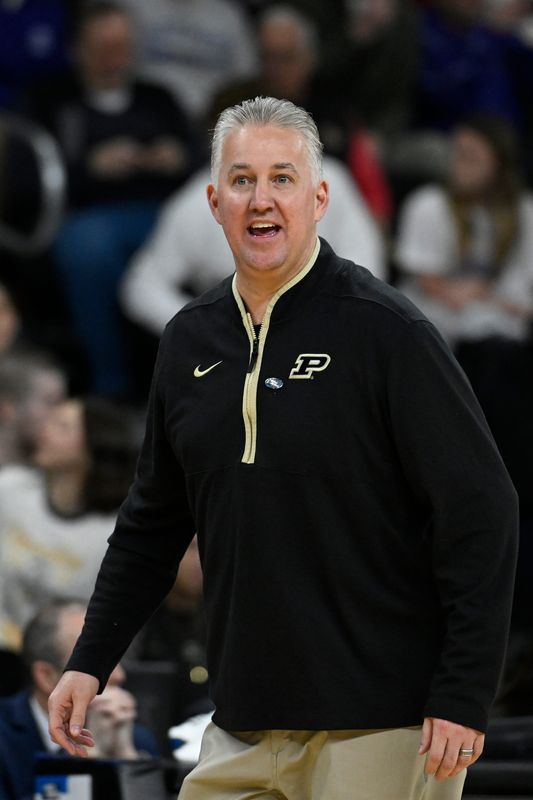 Mar 20, 2025; Providence, RI, USA; Purdue Boilermakers head coach Matt Painter reacts during the first half against the High Point Panthers at Amica Mutual Pavilion. Mandatory Credit: Eric Canha-Imagn Images