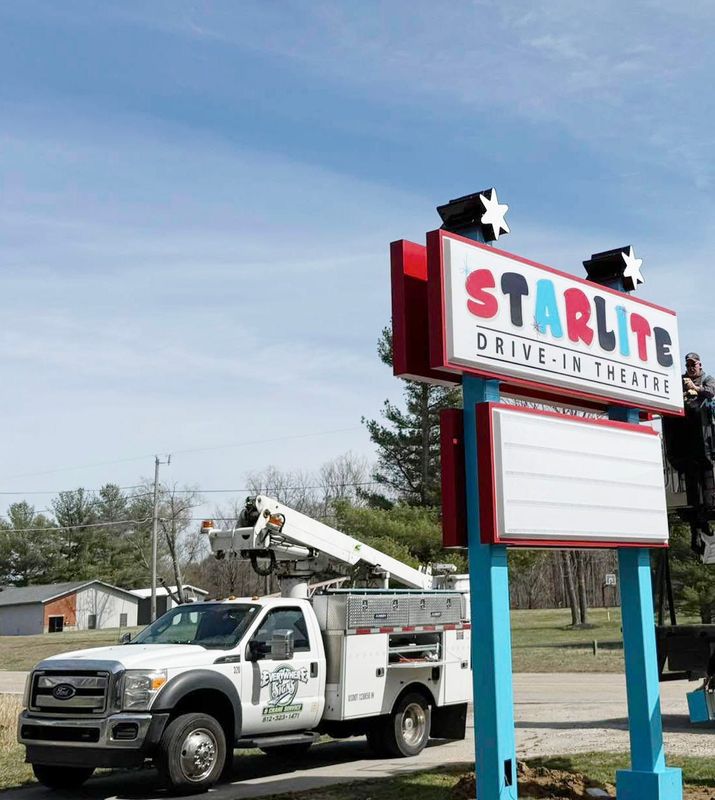 The new marquee at Starlite Drive-In Theater south of Bloomington was put in place on Friday, March 21, 2025.