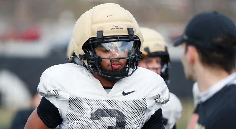 Purdue Boilermakers defensive back Sterling Smith (3) jogs down field Thursday, March 27, 2025, during football practice at Kozuch Football Performance Complex in West Lafayette, Ind.