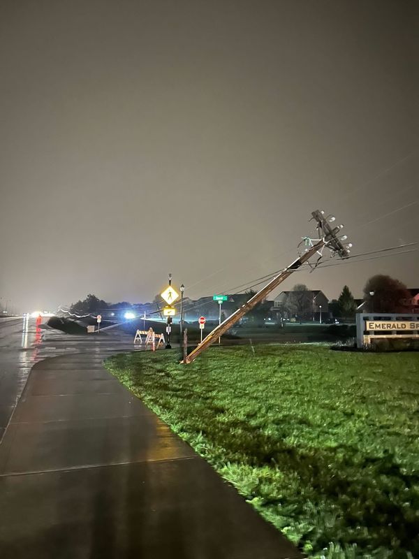 Six broken poles just south of 900 North on Mt. Comfort Road in McCordsville, Indiana was the main cause of a power outage April 2, 2025.
