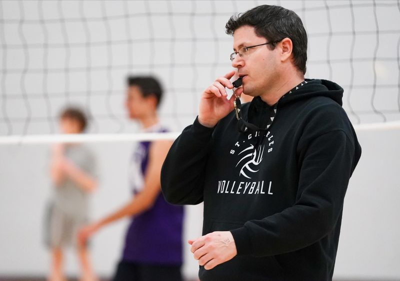 Bloomington South’s boys’ volleyball head coach Justin Hodgson instructs his team during practice at Bloomington South on Monday, March 31, 2025.