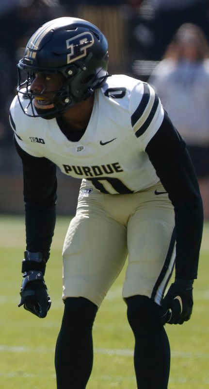 Purdue Boilermakers defensive back Tony Grimes (0) lines up for a drill Saturday, April 12, 2025, during the spring showcase at Ross-Ade Stadium in West Lafayette, Ind.